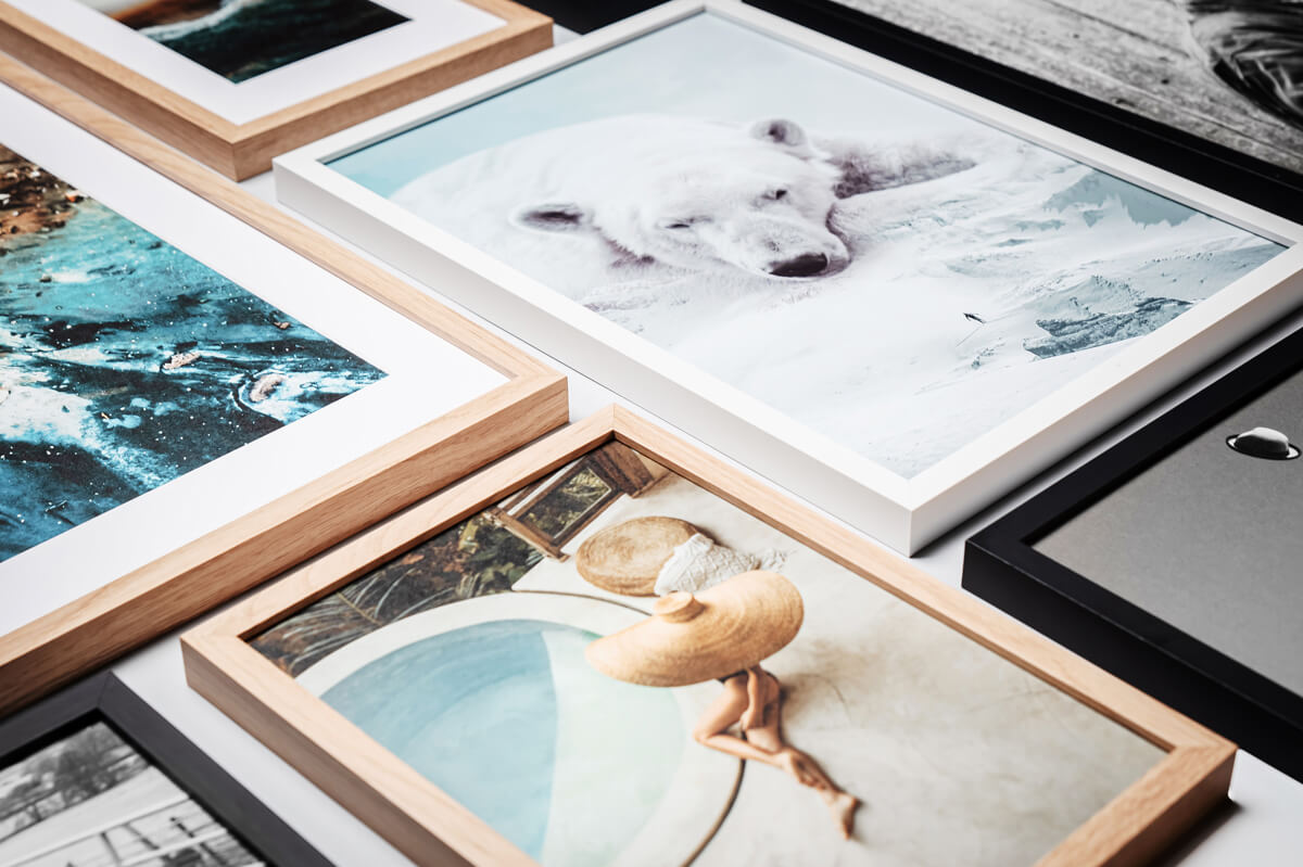Framed prints with passe-partout option.